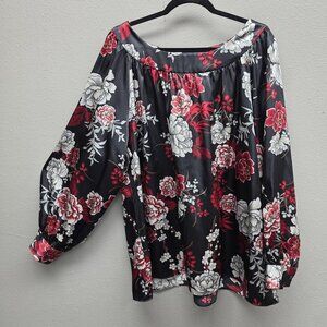 Jaclyn Smith Shirt Womens 2X Black Floral Boat Neck Balloon Sleeve Tunic Top